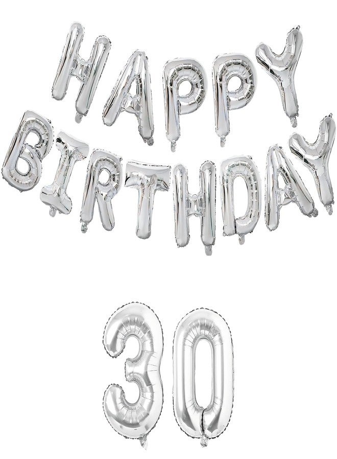 Flyloons 30th Silver Happy Birthday Foil Balloon Set for 30 Year Old Boys Girls Men Women | with Number Thirty | 13 Letters Reusable Happy Birthday Metallic Foil Balloons Decoration Kit,15 piece - Image 1